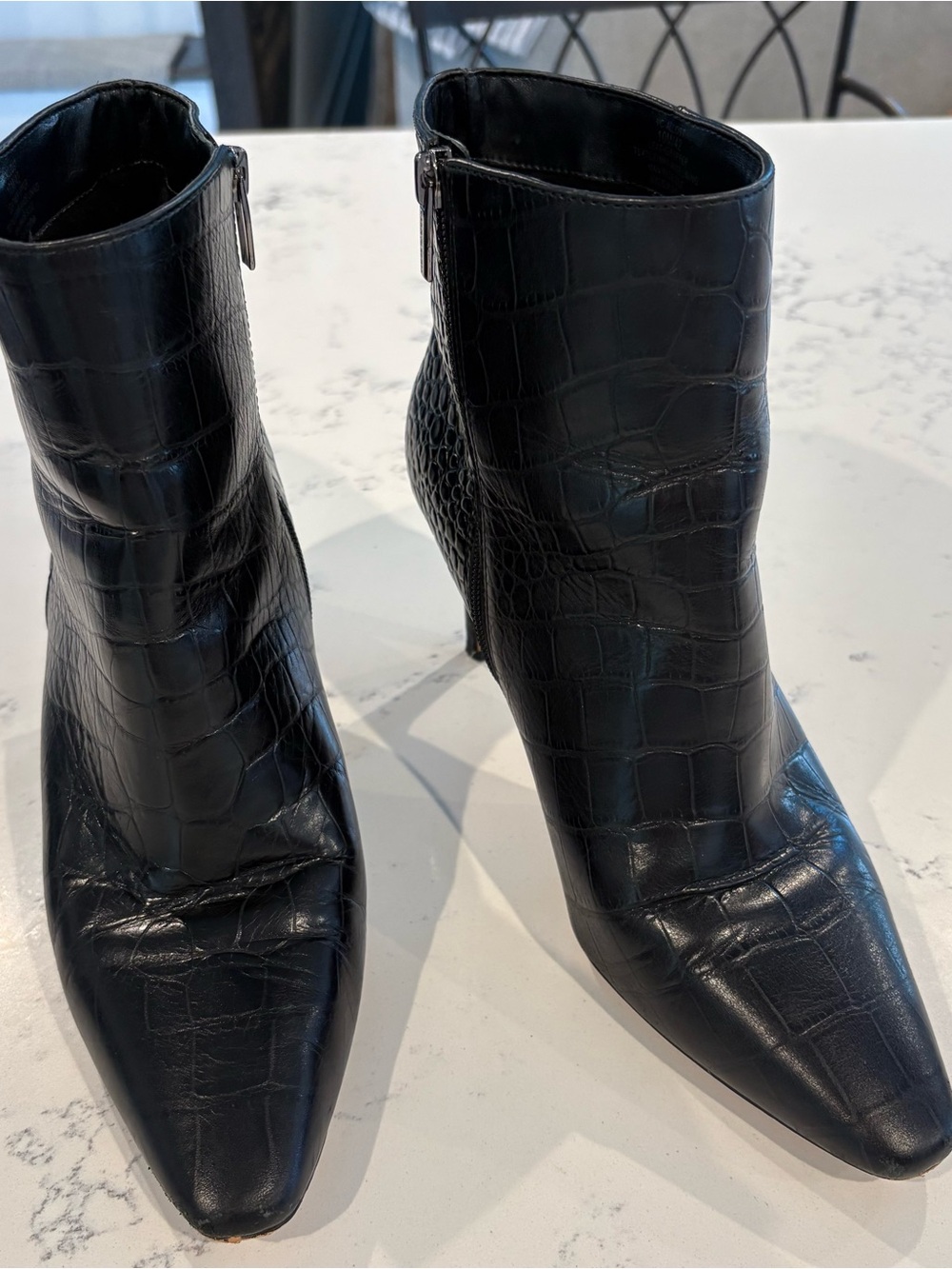Vince Camuto Black Croc-Embossed Pointed leather Ankle Boots size 10